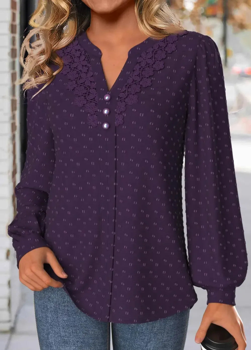 Purple Embroidery Long Sleeve Split Neck Blouse