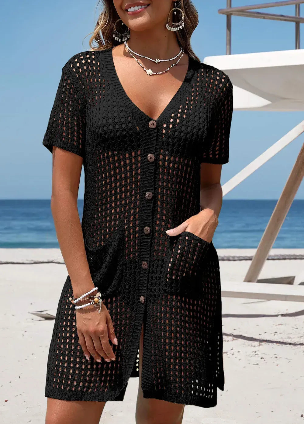 Black Pocket Short Sleeve Button Cover Up