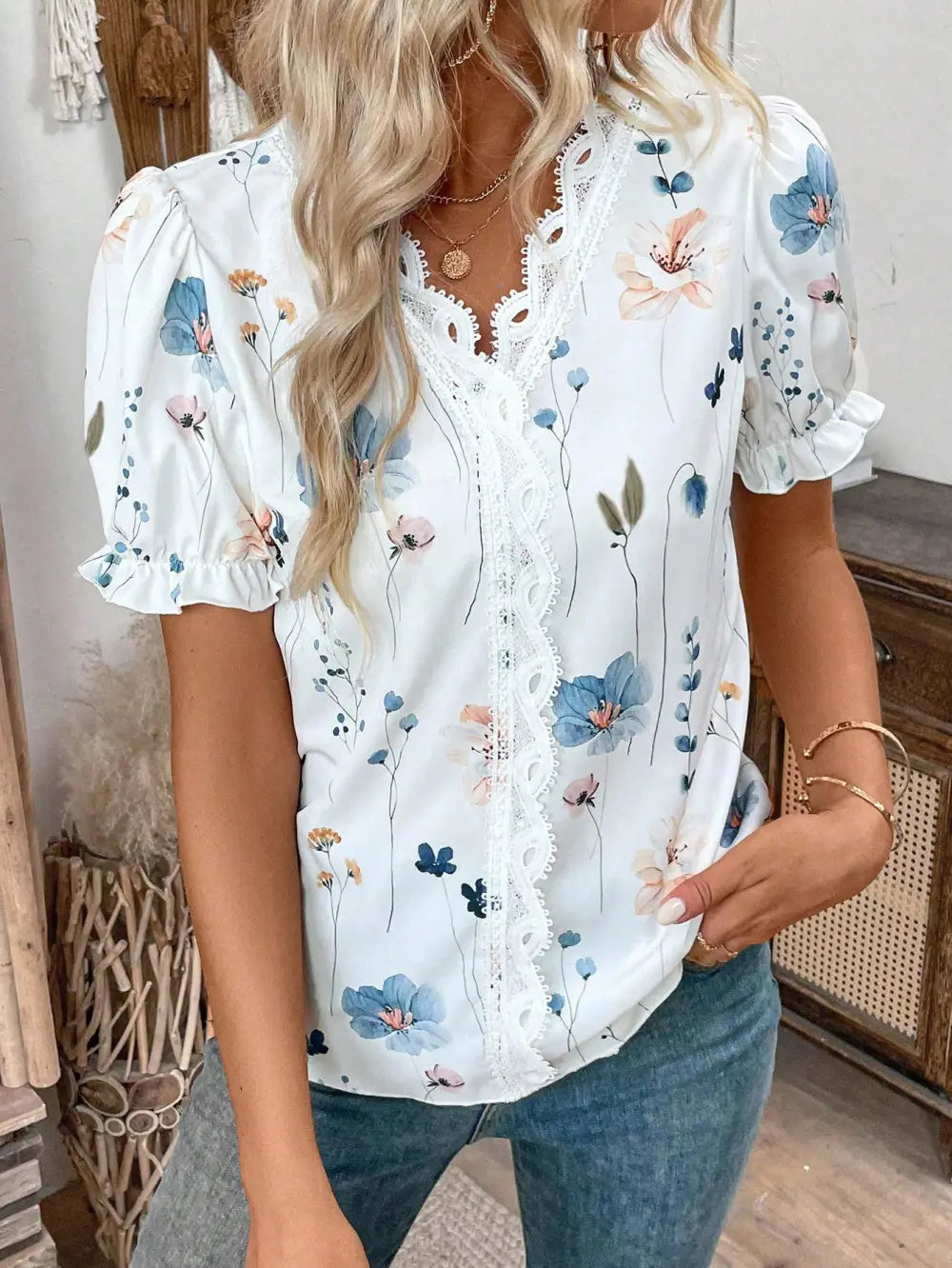 Women's Vacation Leisure Floral Print Contrast Lace Puff Sleeve Shirt,Short Sleeve Tops