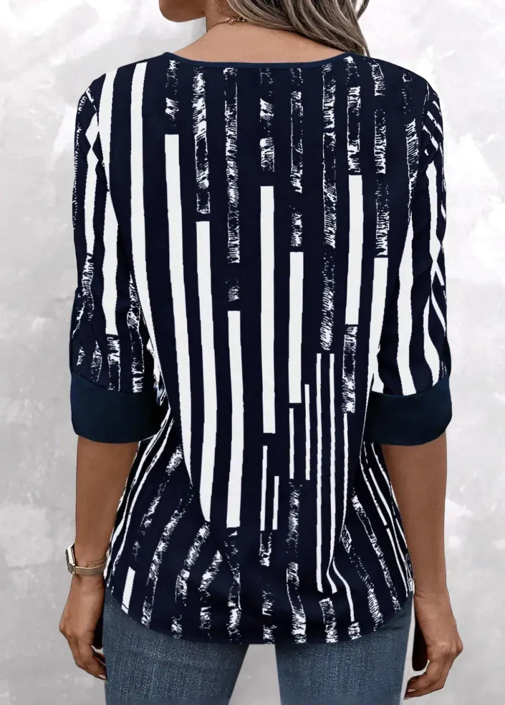 Navy Patchwork Striped 3/4 Sleeve Split Neck Blouse