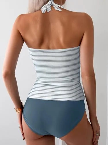 Womens Halter Ruched Tummy Control Two Piece Tankini Set