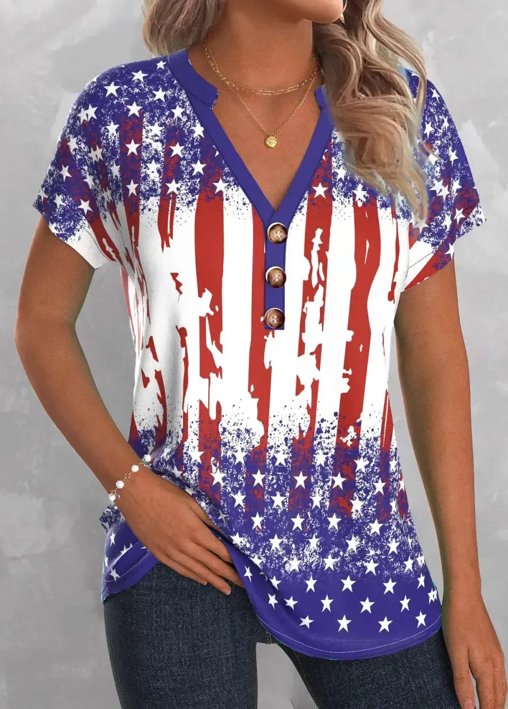 American Flag Blue Button Short Sleeve Split Neck Blouse