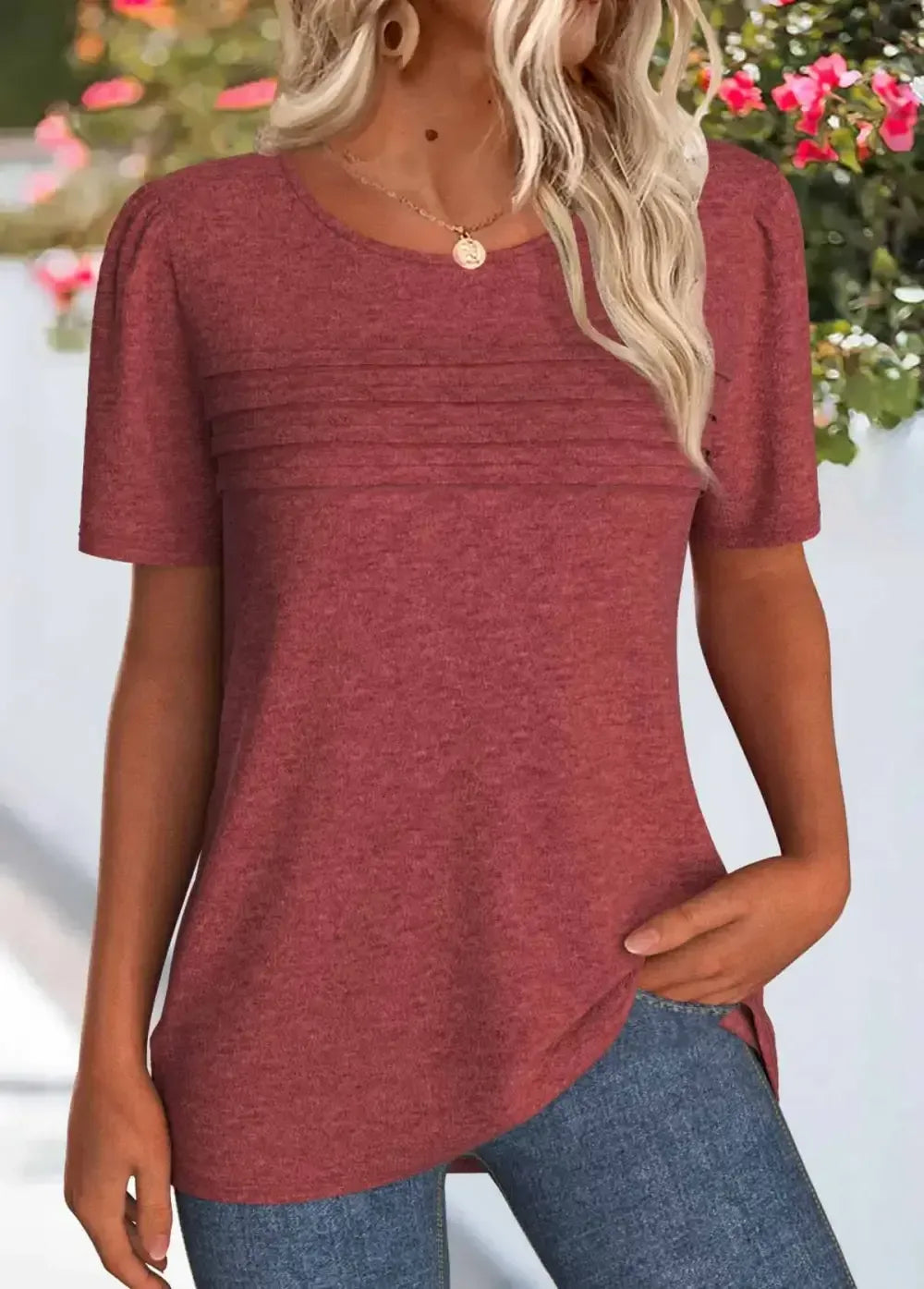 Brick Red Tuck Stitch Short Sleeve T Shirt