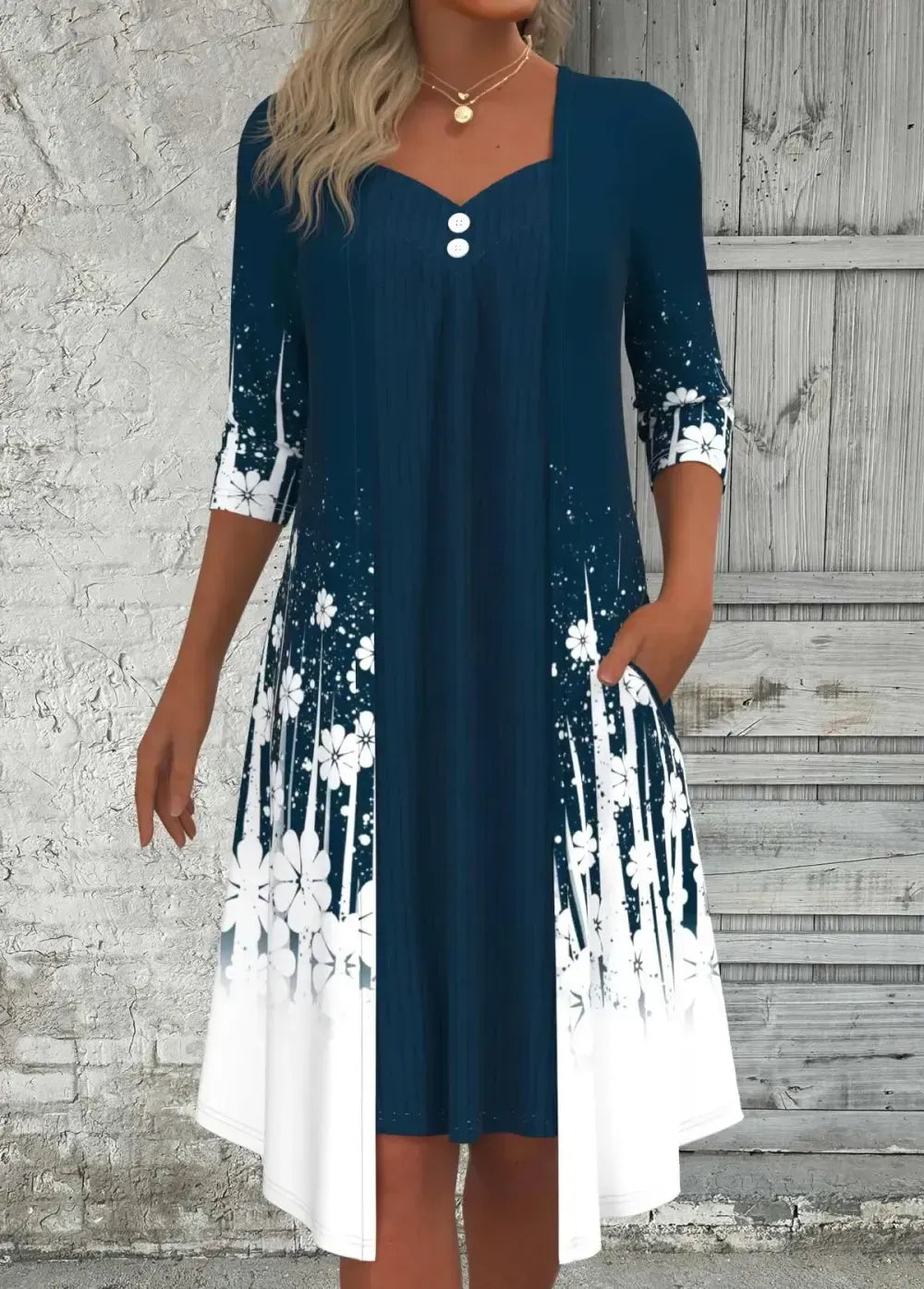 Peacock Blue Fake 2in1 Floral Print A Line Dress