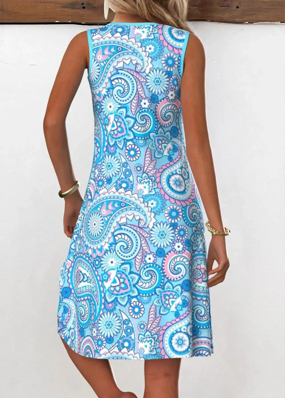 Light Blue Eyelet Tribal Print A Line Sleeveless Dress