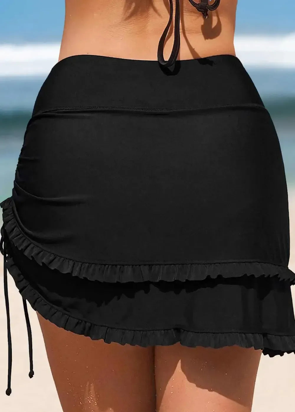 High Waisted Frill Black Swim Skirt
