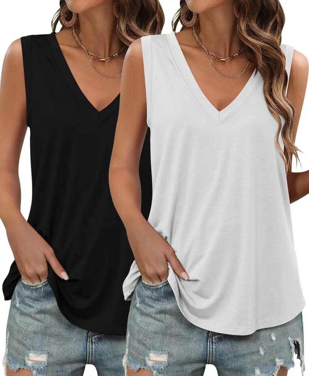 KKJ 2 Pack Womens Tank Tops Summer V Neck Sleeveless Loose Casual Blouses Beach Vacation Outfits Shirt Spring Trendy Clothes