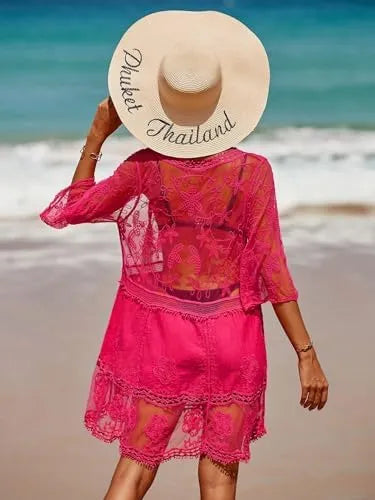 Women's Contrast Lace Bathing Suit Cover Up V-Neck Swimsuit Coverups Loose Swimwear Beach Dress Beachwear