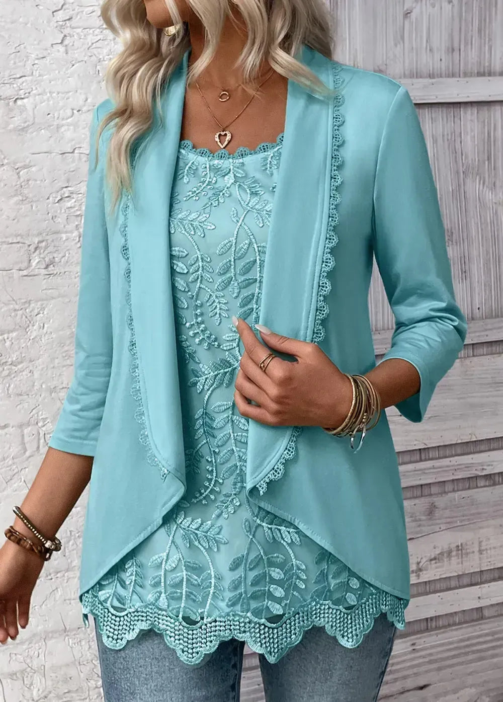 Mint Green Lace 3/4 Sleeve Square Neck T Shirt