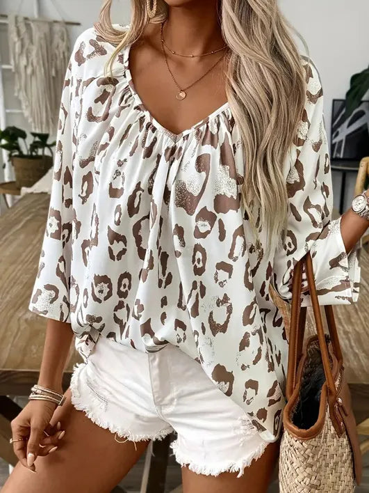 V-Neck Leopard Print Casual Top