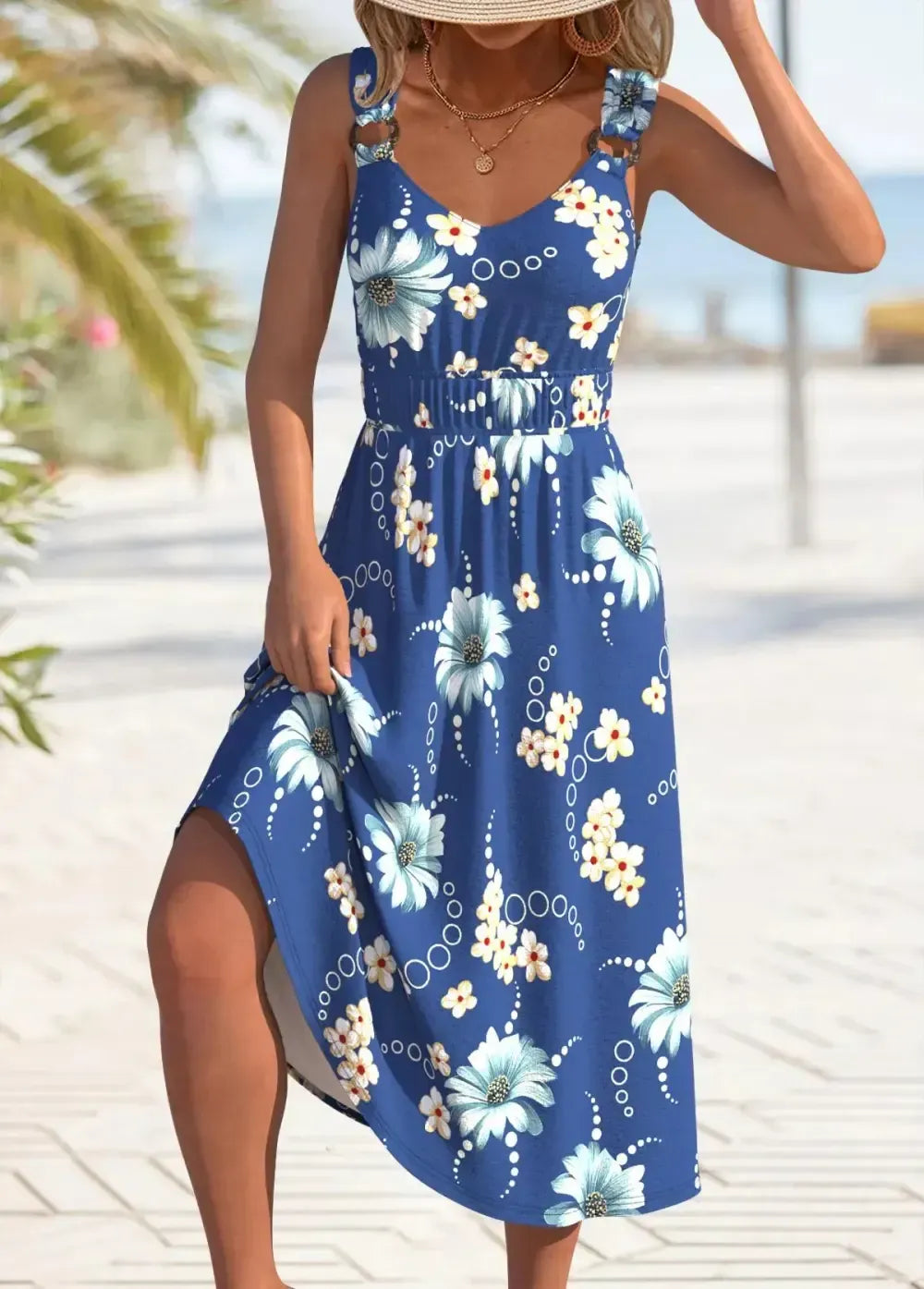 Blue Circular Ring Floral Print Strappy V Neck Dress
