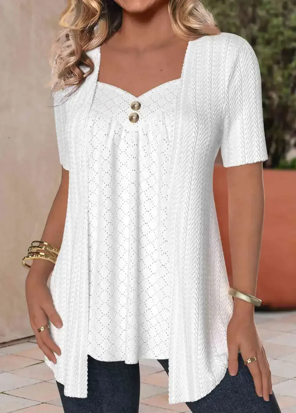White Textured Fabric Short Sleeve Fake Two Piece Twinset