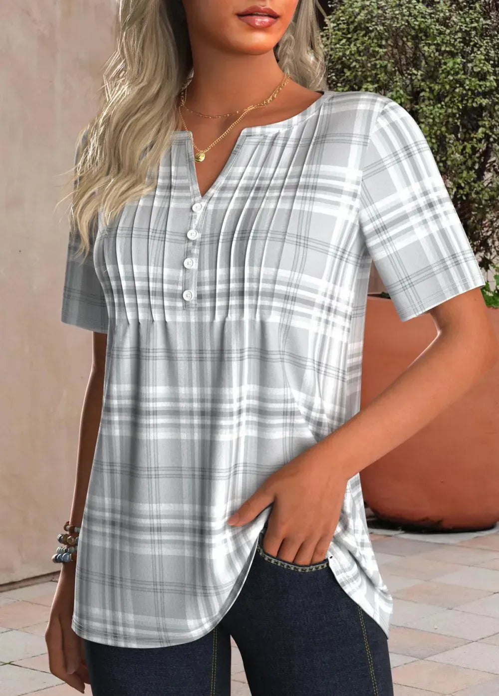 Grey Tuck Stitch Plaid Short Sleeve T Shirt