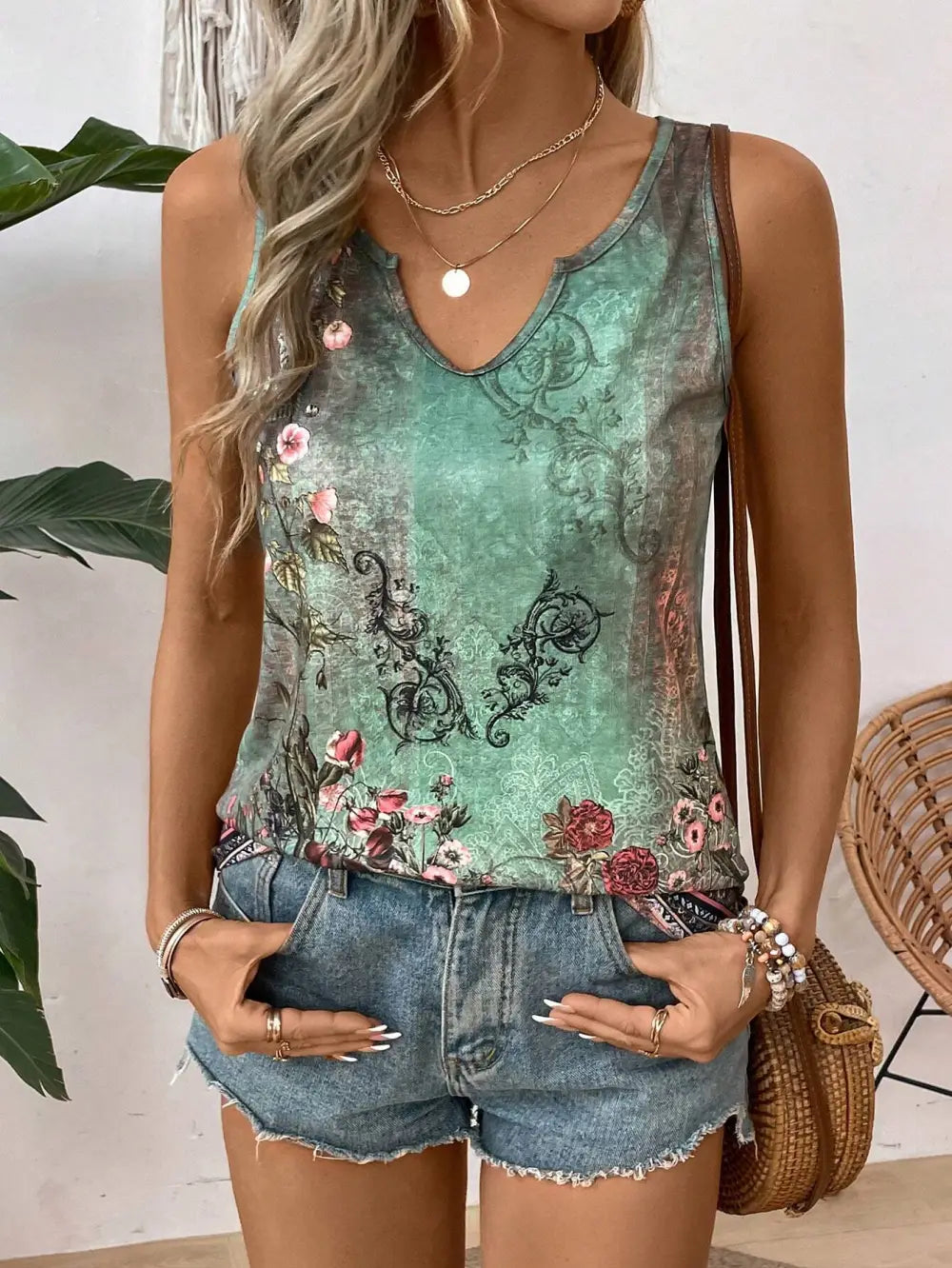 Vintage Print Notched Neckline Vacation Leisure Tank Top Graphic Tees Women Tops