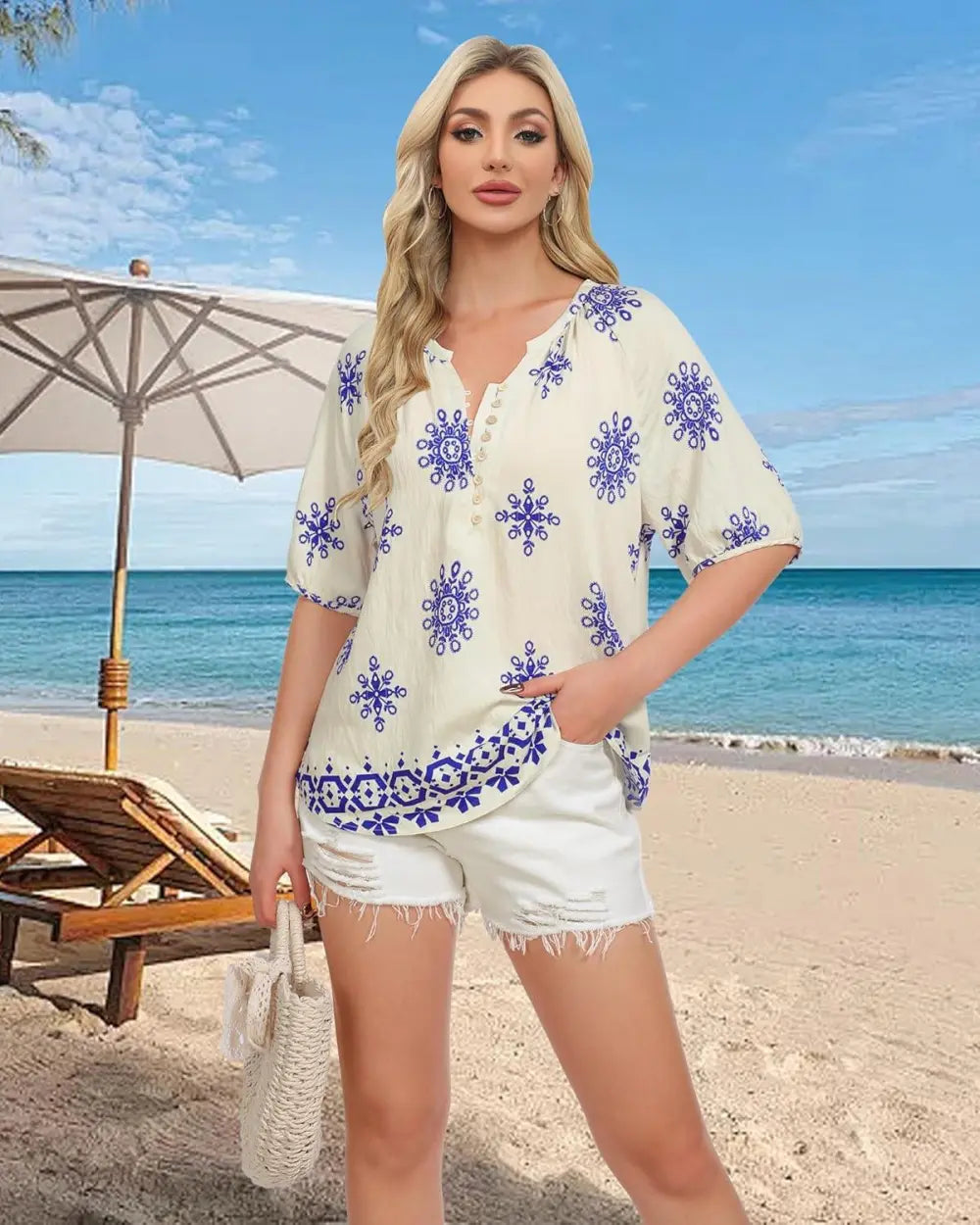 Unixseque Womens Summer Tops V Neck Short Sleeve Blouses Casual Button Down Shirts Floral Boho Clothing Trendy 2025