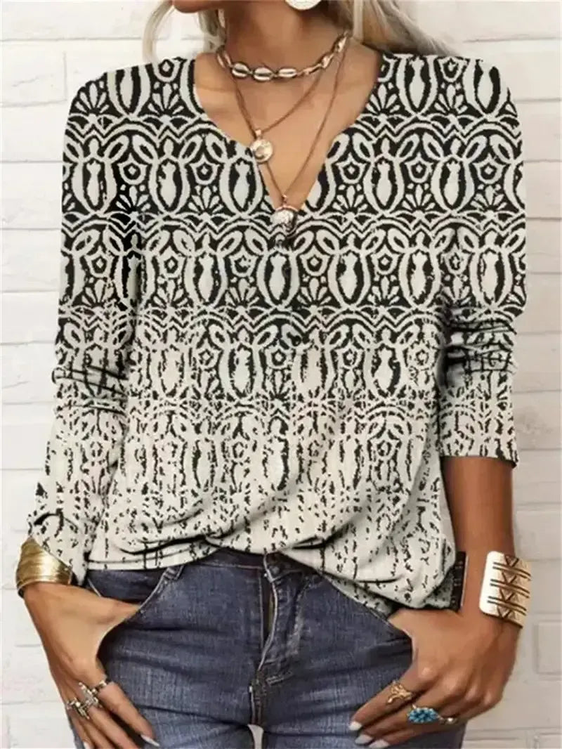 Women V-neck Graphic Floral Printed Long Sleeve Tops