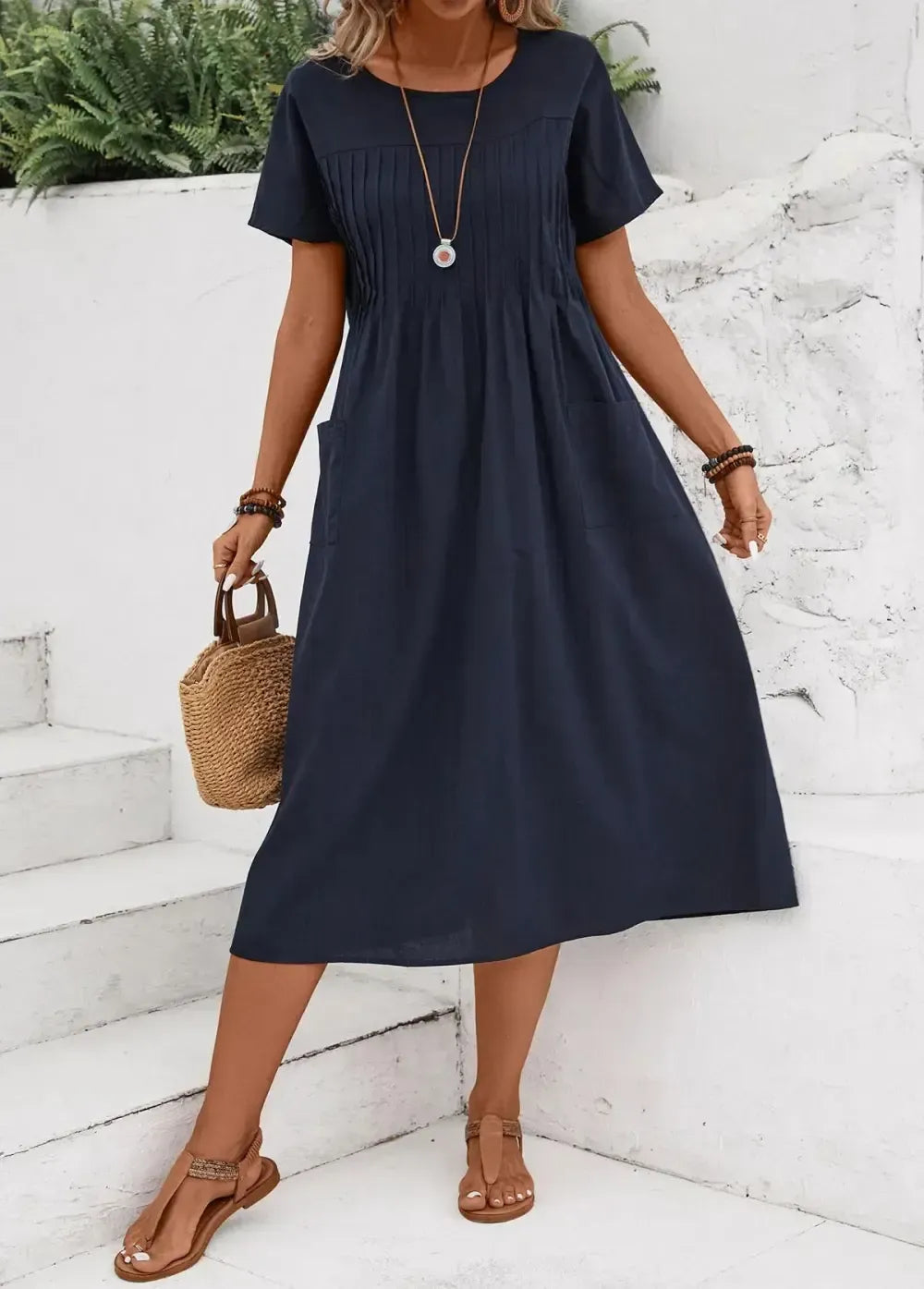 Navy Tuck Stitch Short Sleeve Round Neck Dress