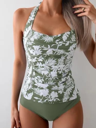 Womens Halter Ruched Tummy Control Two Piece Tankini Set