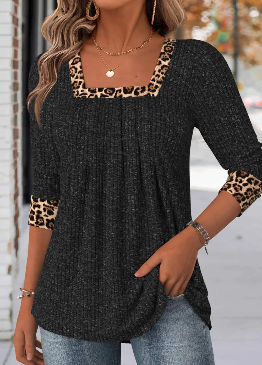 Black Leopard Long Sleeve Square Neck T Shirt