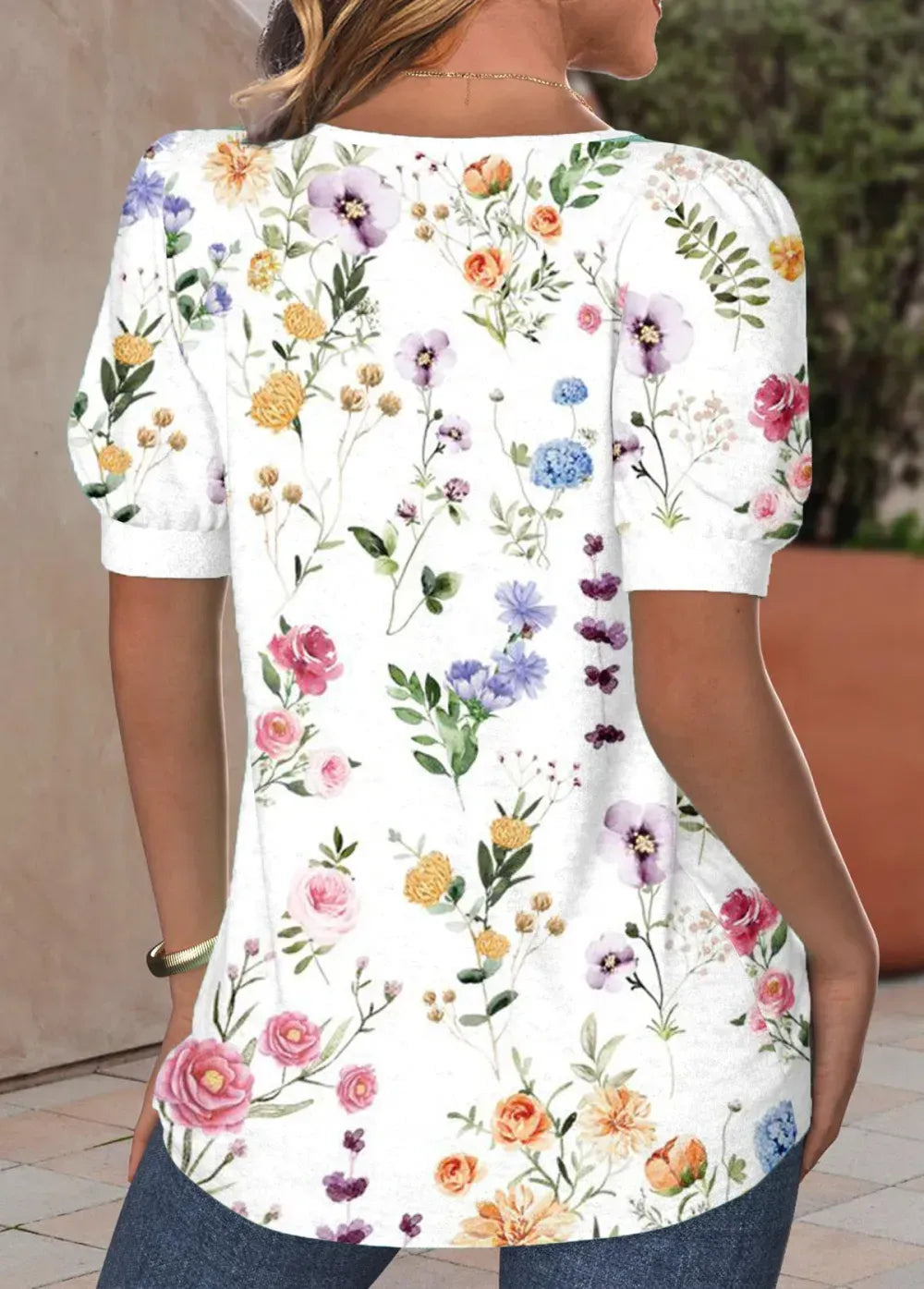 White Tuck Stitch Floral Print Short Sleeve T Shirt