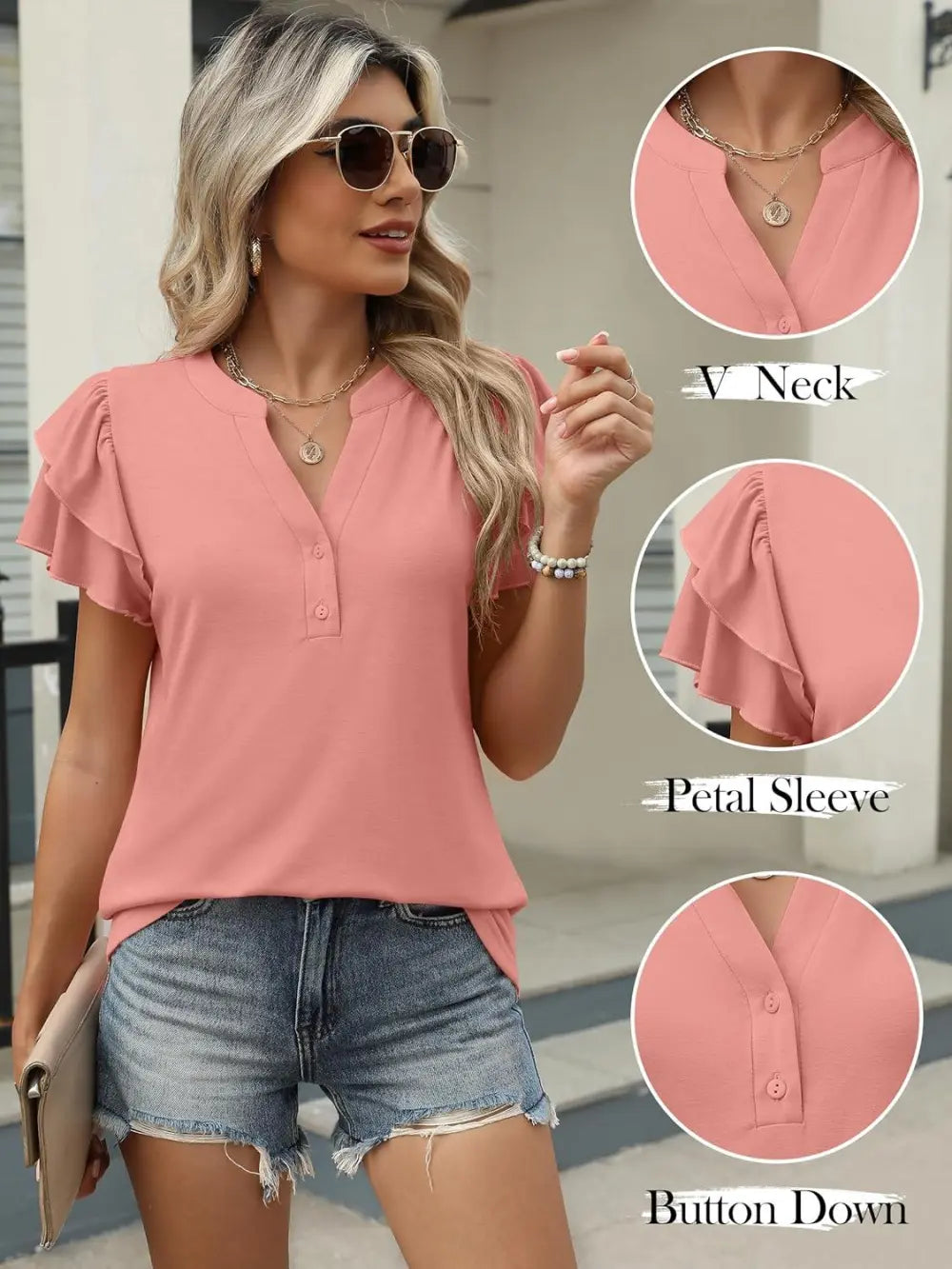 ANRABESS Womens Tops Dressy Casual Ruffle Short Sleeve V Neck Blouses Summer Button Down Business Work Elegant Shirts