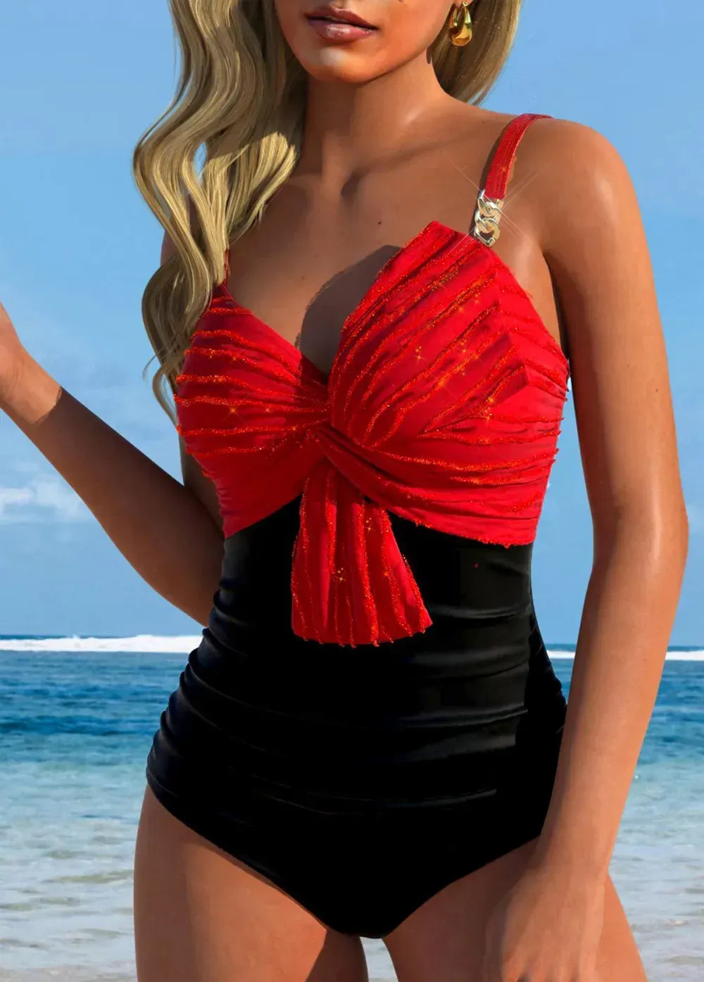 Jacquard Patchwork Red One Piece Swimwear