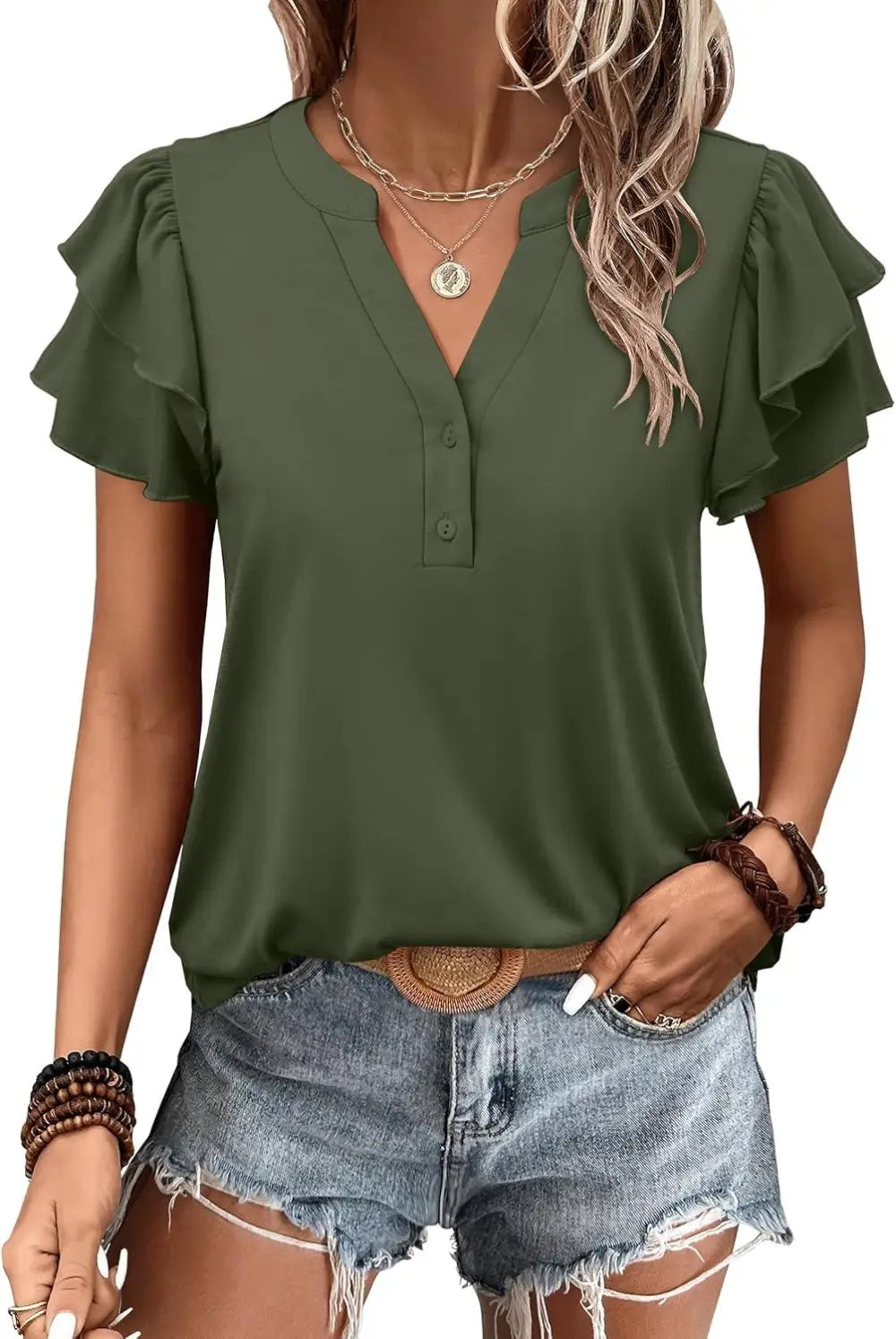 ANRABESS Womens Tops Dressy Casual Ruffle Short Sleeve V Neck Blouses Summer Button Down Business Work Elegant Shirts