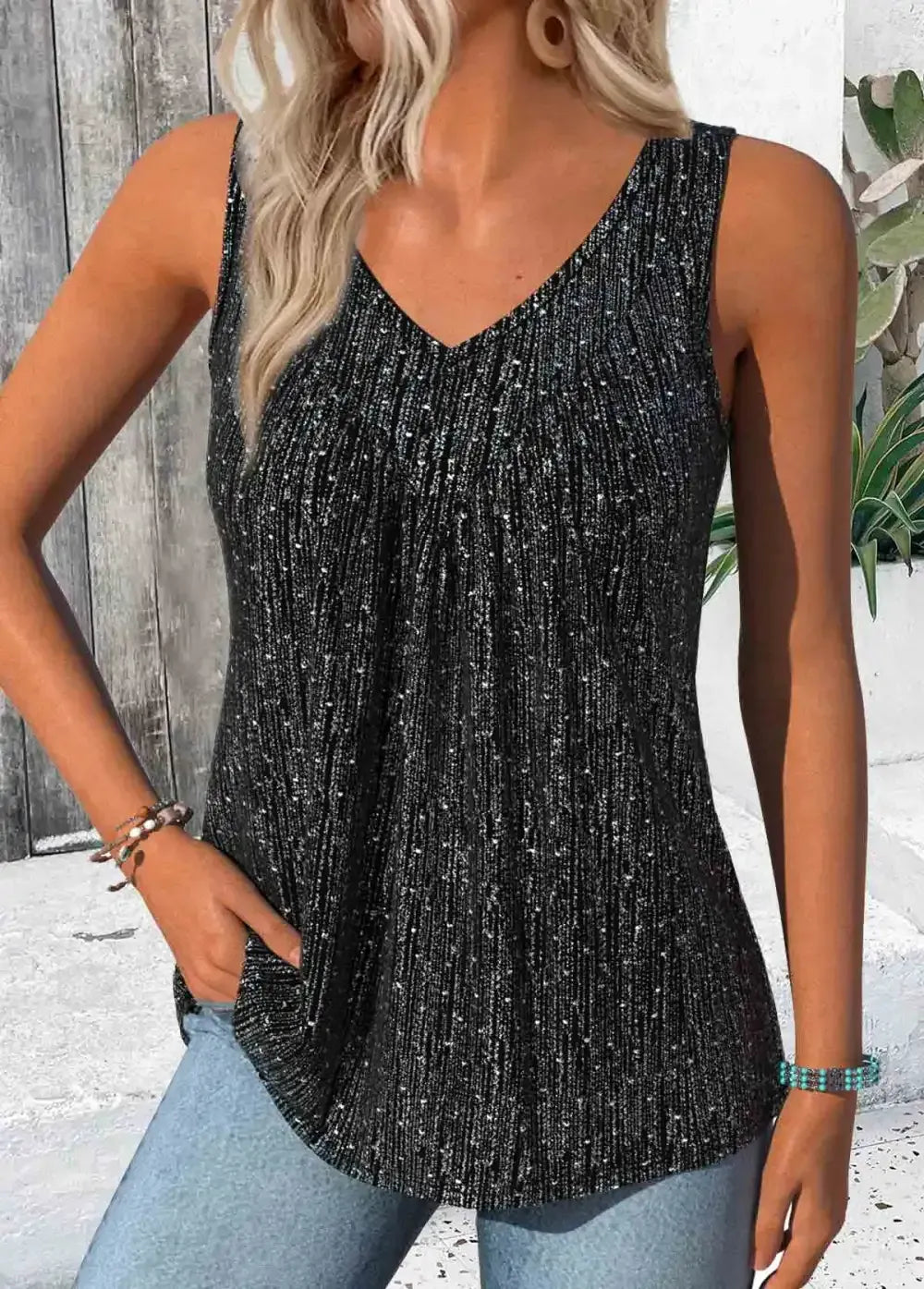 Black Sleeveless V Neck Tank Top