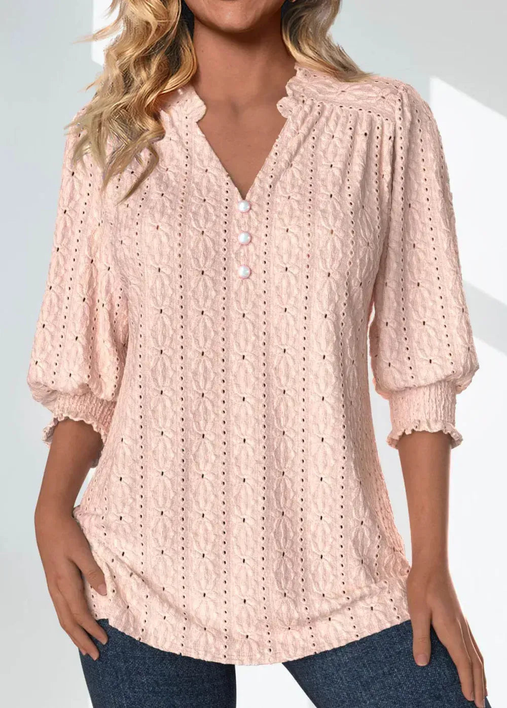 Light Pink Textured Fabric 3/4 Sleeve Split Neck Blouse