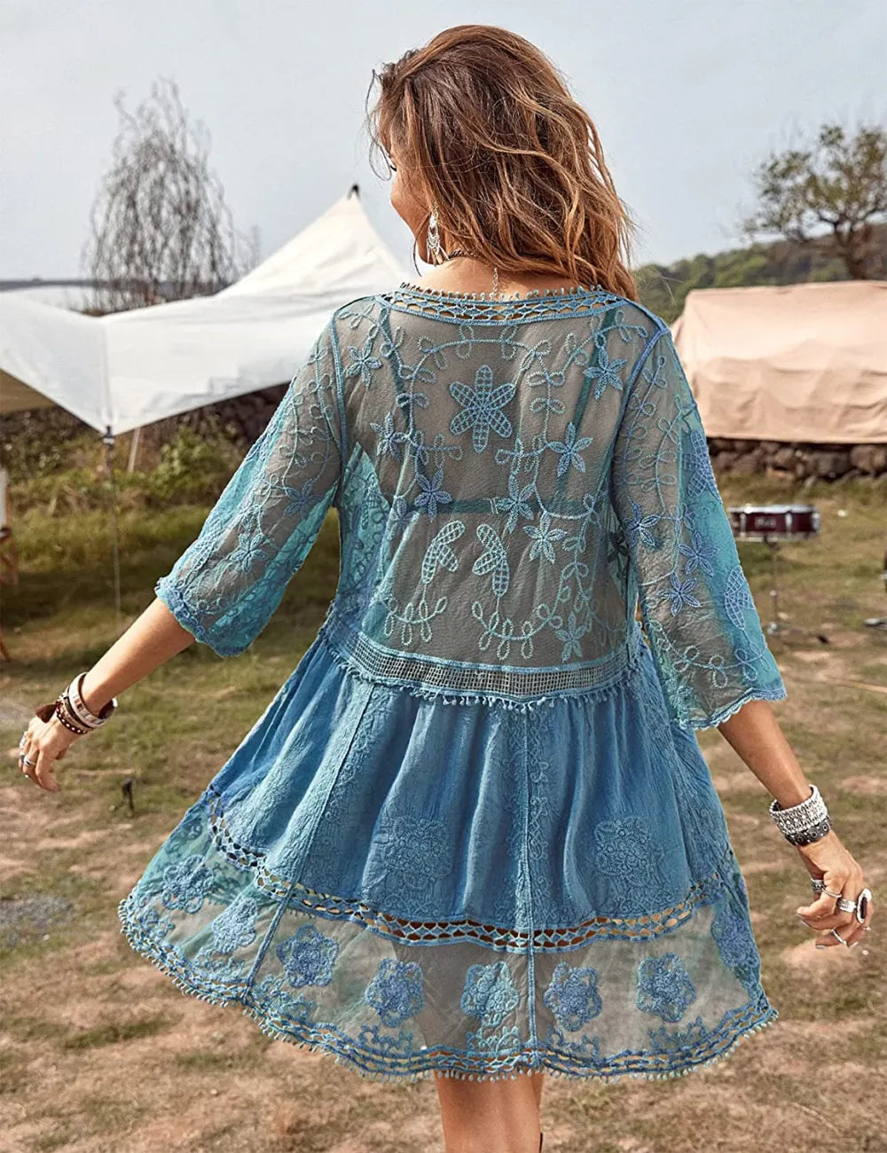 Women's Contrast Lace Bathing Suit Cover Up V-Neck Swimsuit Coverups Loose Swimwear Beach Dress Beachwear