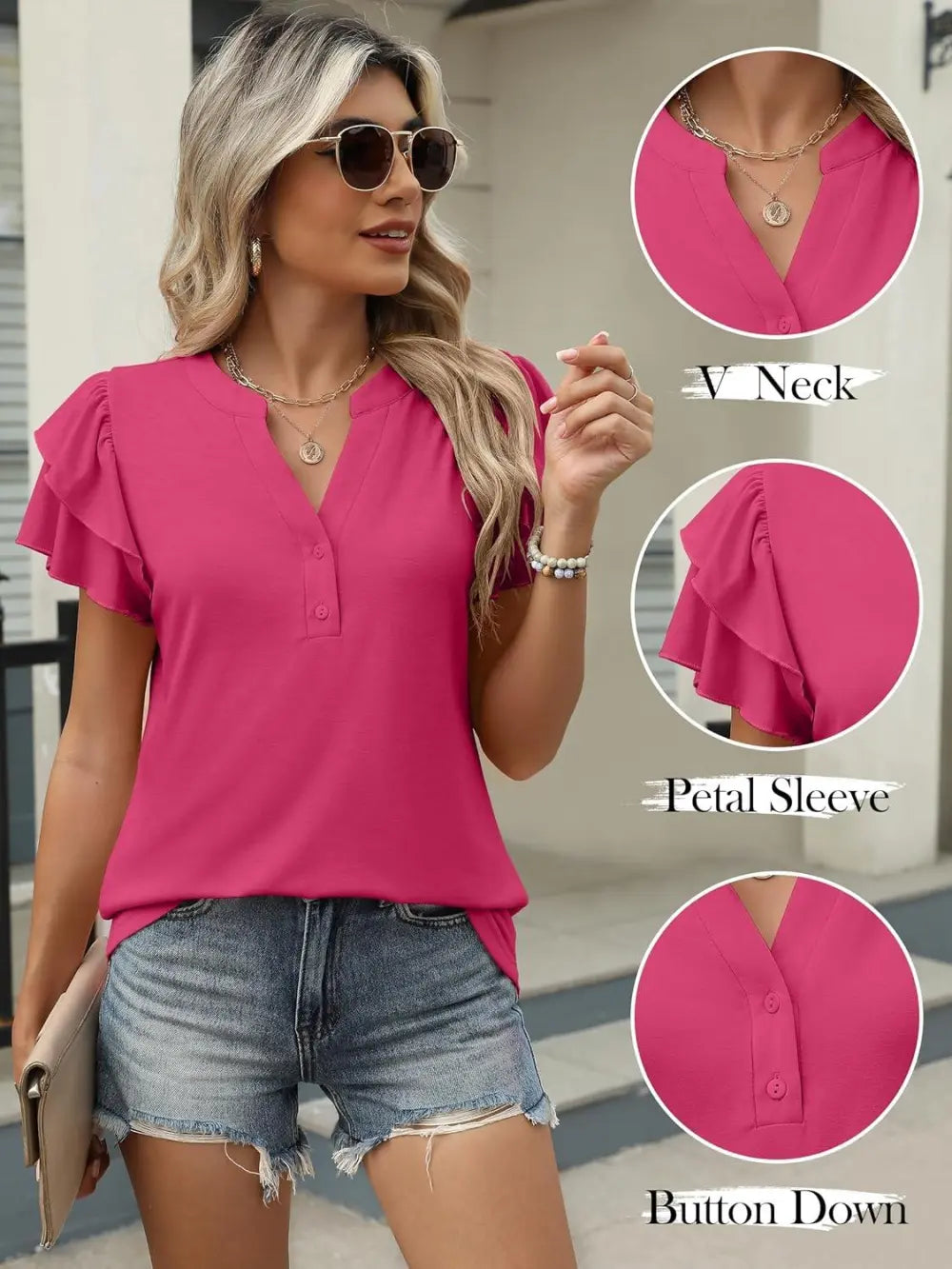 ANRABESS Womens Tops Dressy Casual Ruffle Short Sleeve V Neck Blouses Summer Button Down Business Work Elegant Shirts