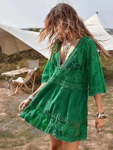 Women's Contrast Lace Bathing Suit Cover Up V-Neck Swimsuit Coverups Loose Swimwear Beach Dress Beachwear