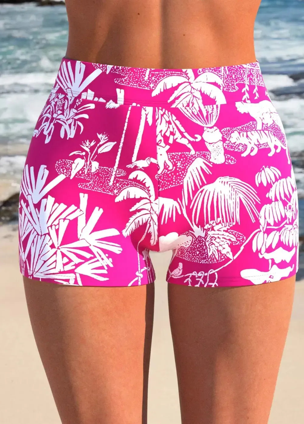 Ruffle Tropical Plants Print Hot Pink Tankini Set
