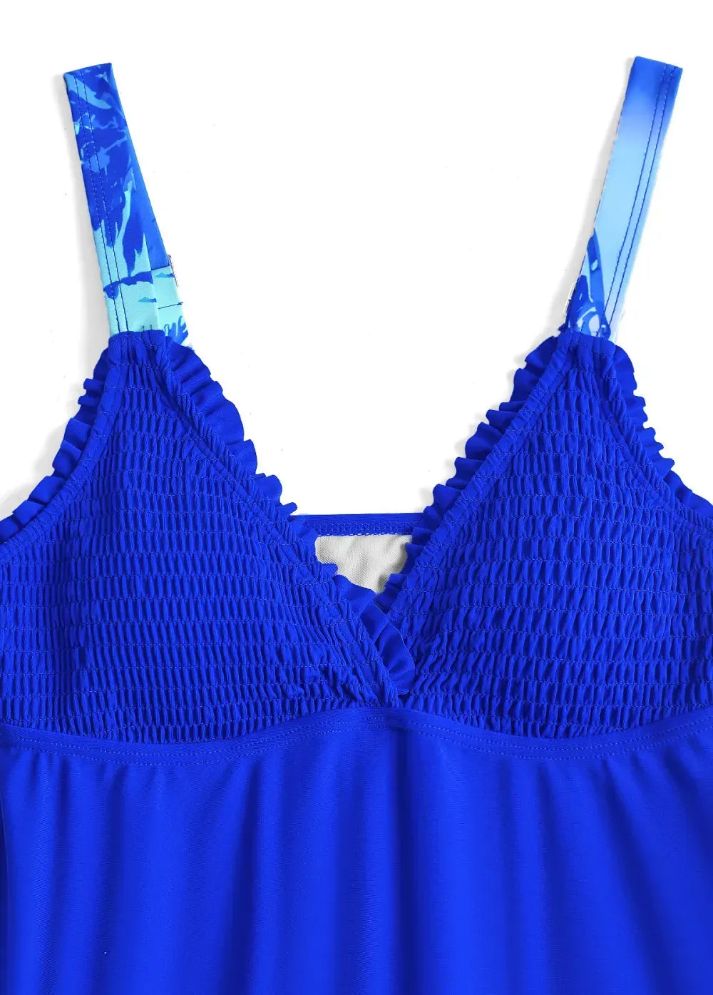 Smocked Tropical Plants Print Royal Blue Tankini Set