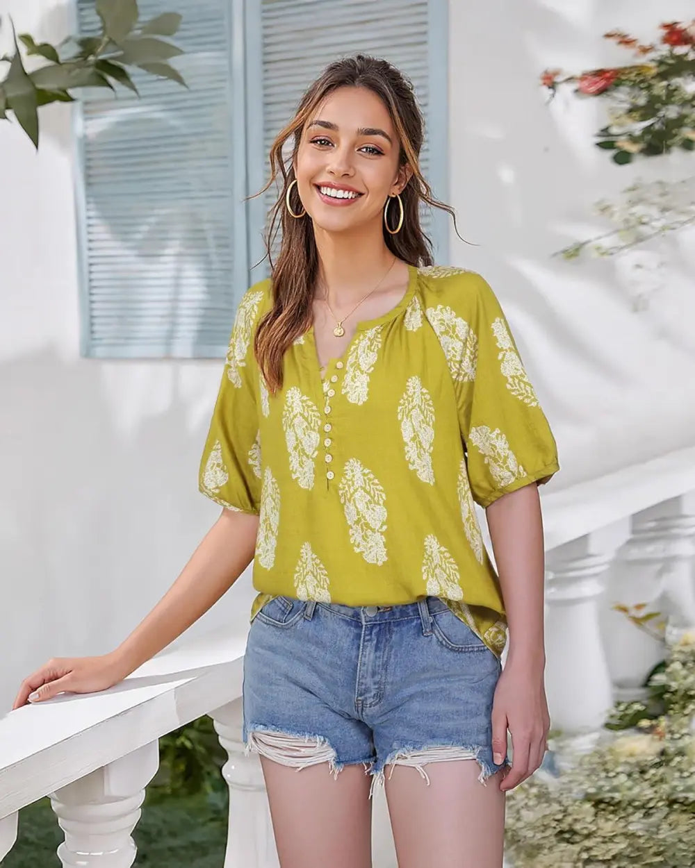 Unixseque Womens Summer Tops V Neck Short Sleeve Blouses Casual Button Down Shirts Floral Boho Clothing Trendy 2025