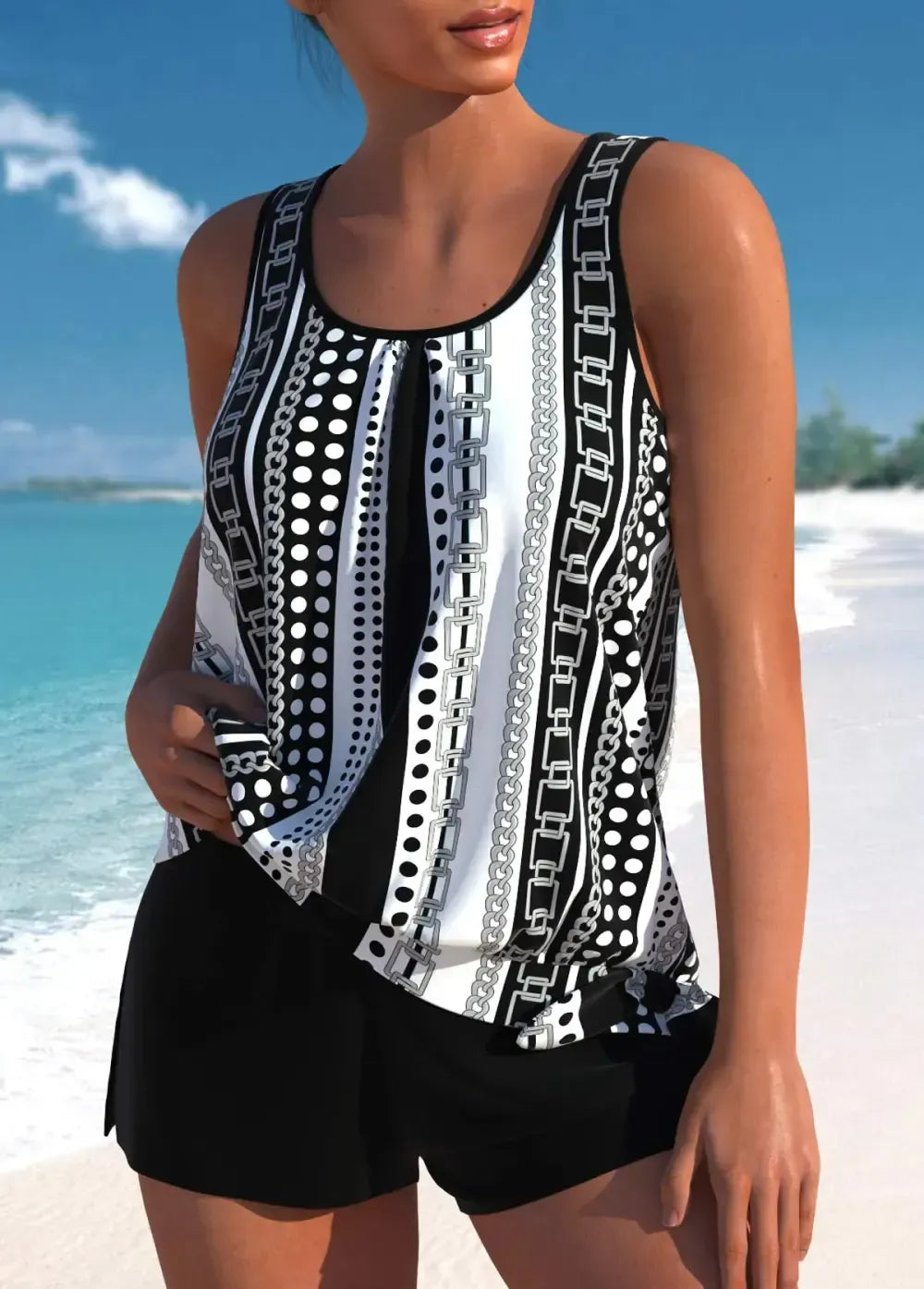 Bowknot Geometric Print Black Tankini Set