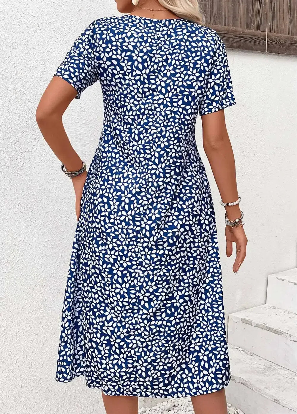 Navy Pocket Ditsy Floral Print Short Sleeve Dress