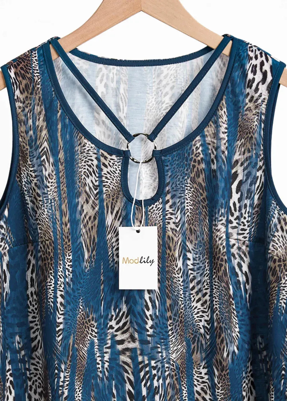 Peacock Blue Circular Ring Leopard Sleeveless Tank Top