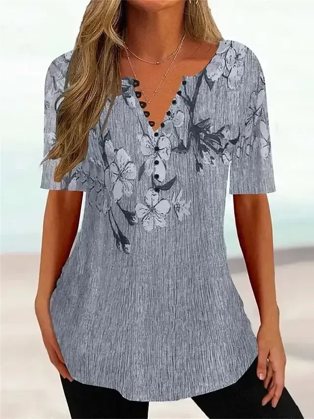 Women's T shirt Tee Red Green Gray Floral Print Short Sleeve Casual Daily Vintage V Neck Regular Floral S