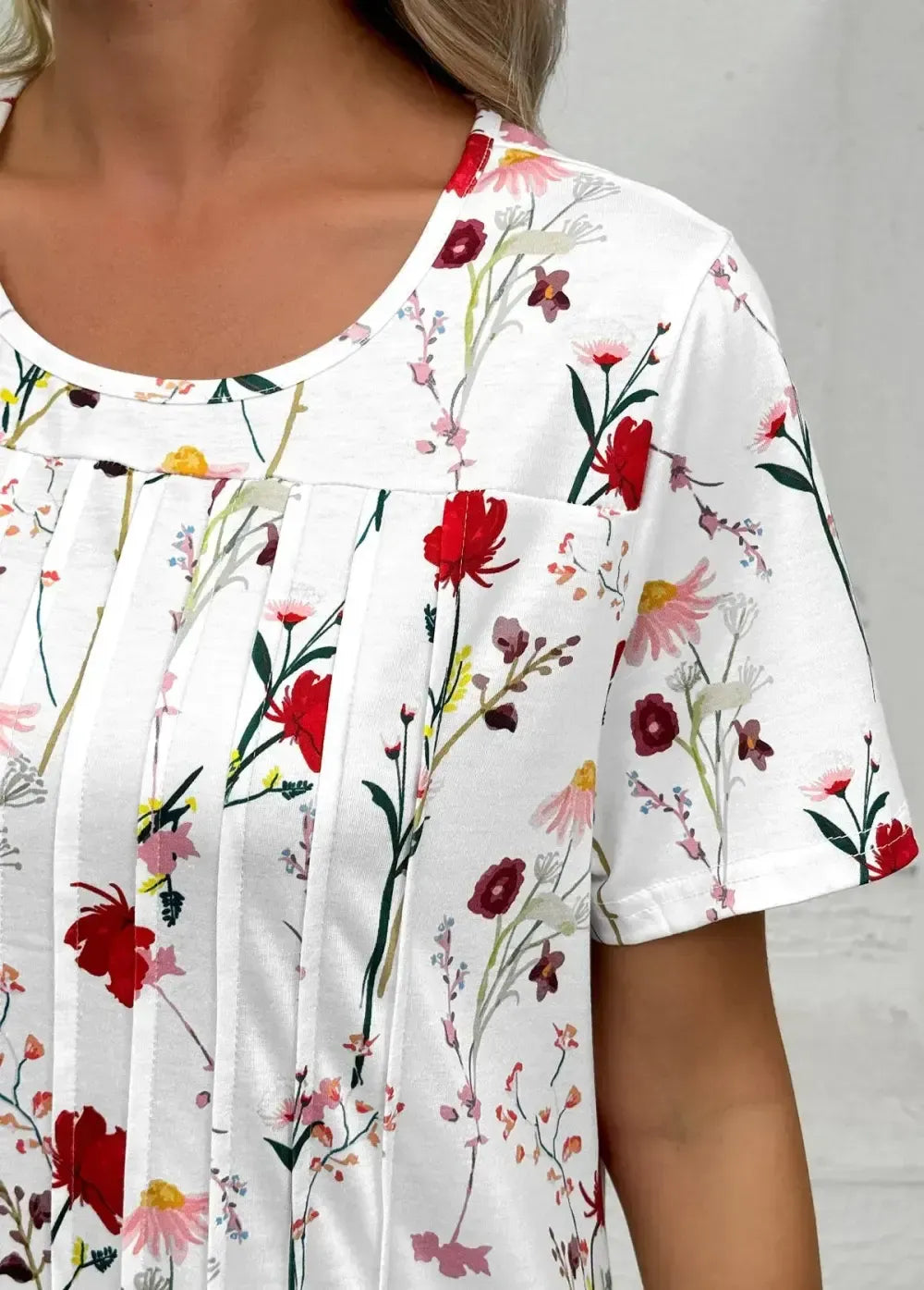 White Tuck Stitch Floral Print A Line Dress