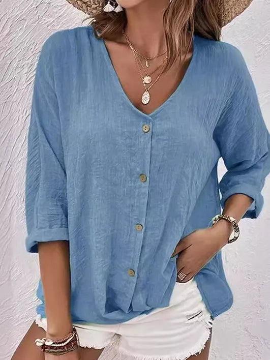 V-Neck Button-Down Solid Color Casual Top