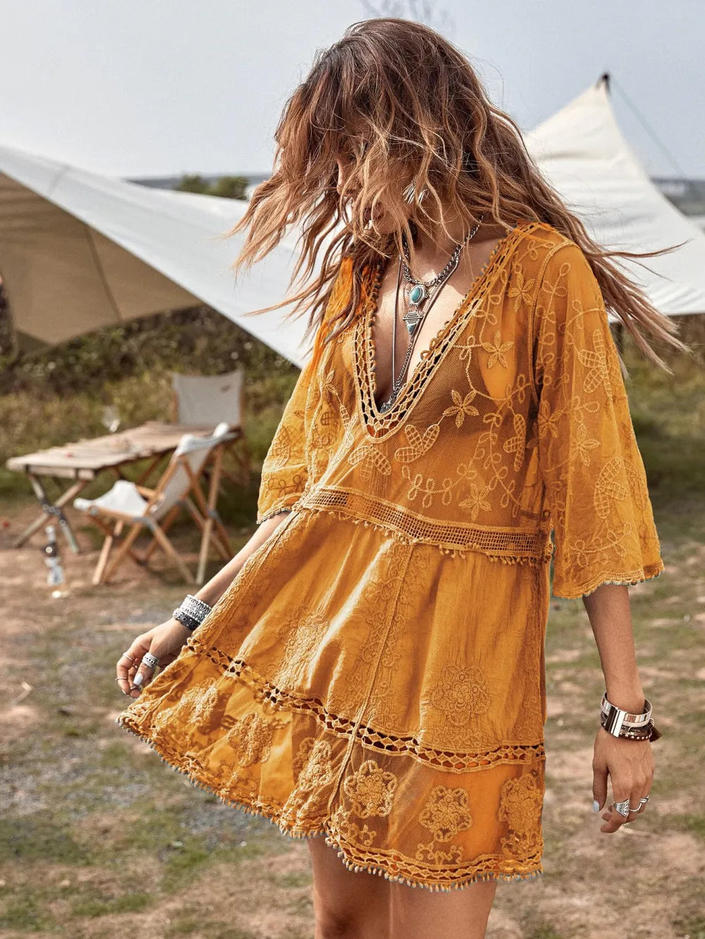 Women's Contrast Lace Bathing Suit Cover Up V-Neck Swimsuit Coverups Loose Swimwear Beach Dress Beachwear