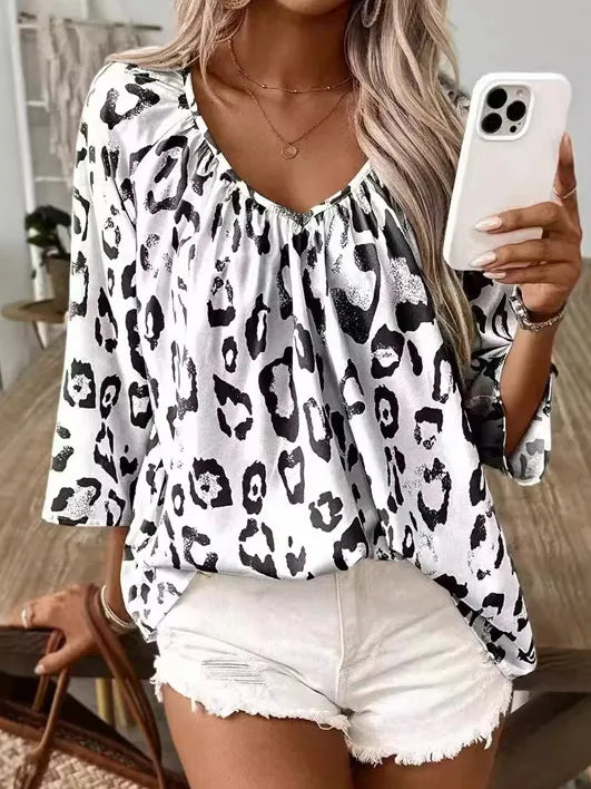 V-Neck Leopard Print Casual Top