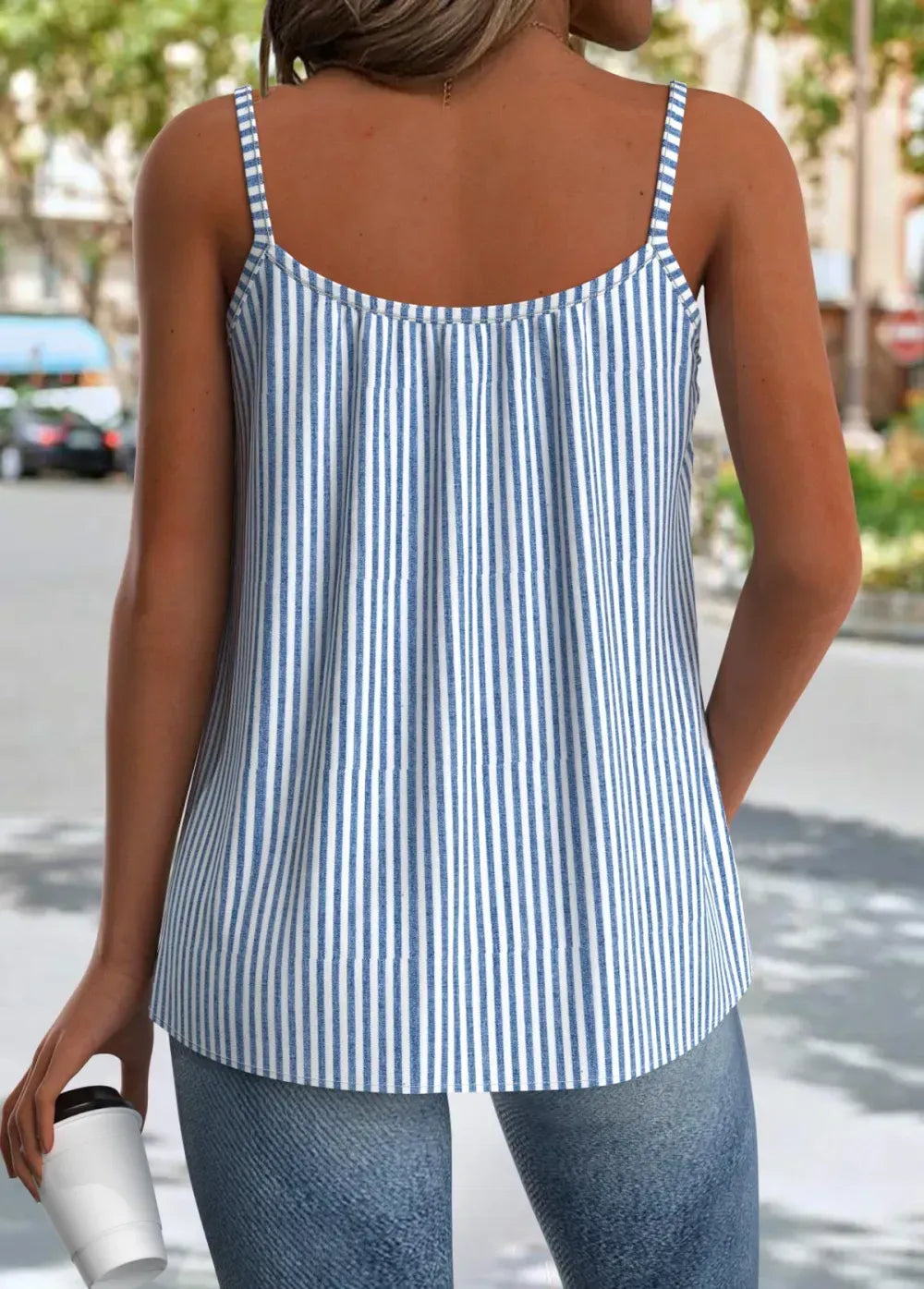 Blue Lightweight Striped Strappy Scoop Neck Camisole Top