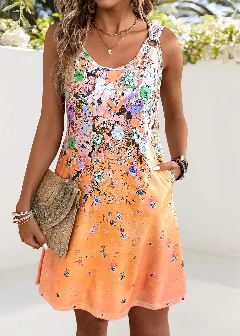 Orange Floral Print A Line Sleeveless Scoop Neck Dress