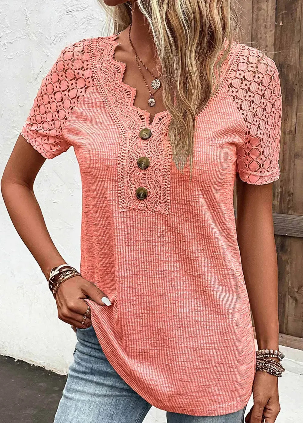 Orange Lace Short Sleeve V Neck T Shirt