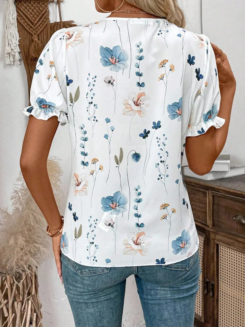 Women's Vacation Leisure Floral Print Contrast Lace Puff Sleeve Shirt,Short Sleeve Tops