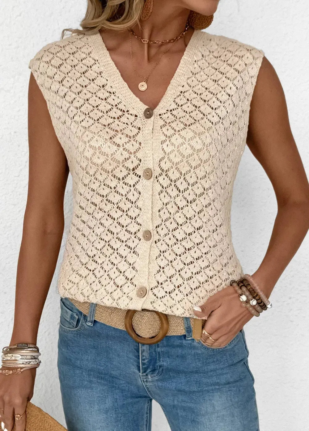 Beige Sleeveless V Neck Tank Top