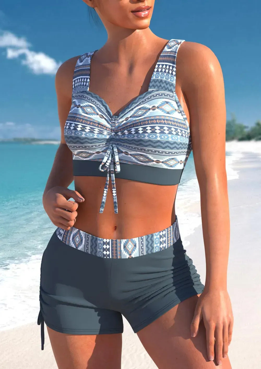 Criss Cross Tribal Print Dusty Blue Bikini Top