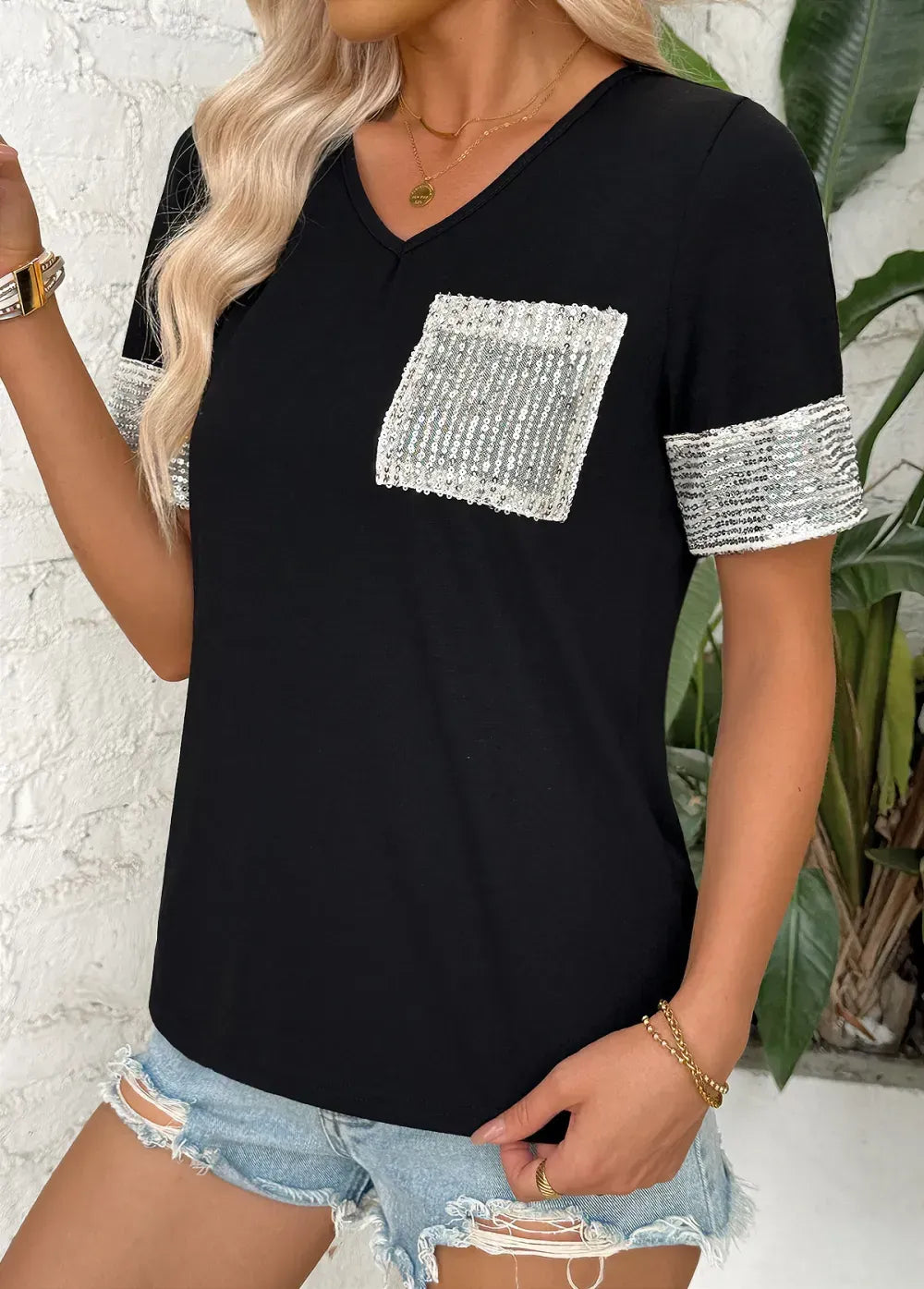 Black Short Sleeve V Neck T Shirt